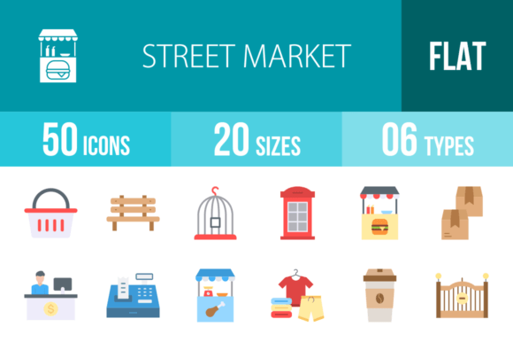 Download 50 Street Market Flat Multicolor Icons - Tree Collection